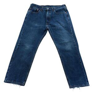 Levis Men 505 Jeans 36x29 Blue Denim Relaxed Classic Straight Leg Distressed Hem